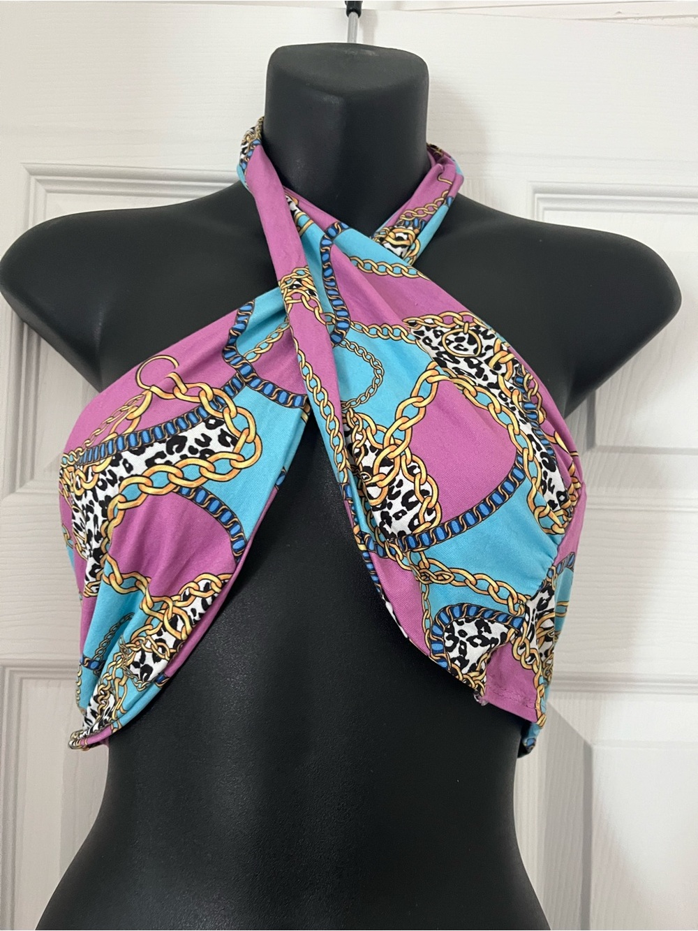 Chain & Leopard Print Halter Crop Top in Purple & Aqua